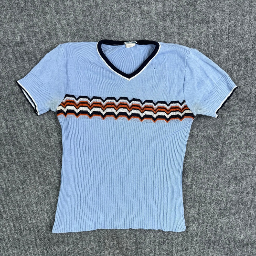 Coolwear Sweater Mens Large Blue Chevron Knit V-Neck Short Sleeve USA Made Retro